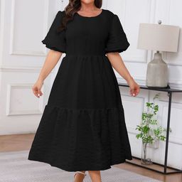 Sztori Plus Size Puff Sleeves Tiered Fit and Flare Midi Dress-image-85