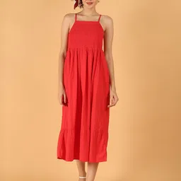 NoBarr Women Solid Shoulder Straps Smocked Cotton Casual A-Line Dress-image-65