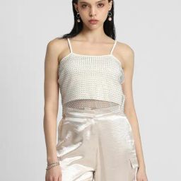 Forever 21 Silver & Off White Regular Fit Crop Top-image-77