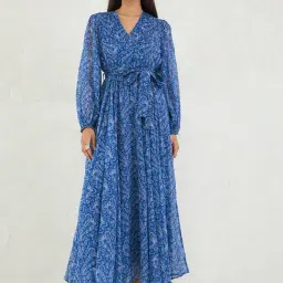 FEMMELLA Blue Chiffon Printed Wrap Dress-picture-26
