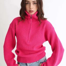 RAREISM Pink Acrylic Solid Long Sleeves Sweater-picture-0