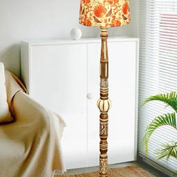 Homesake Royal Carving Antique Multicolor finish wooden floor lamp with Fabric Bird Shade-image-10