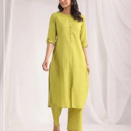 Janasya Green Cotton Self Pattern Kurta Pant Set-image-8