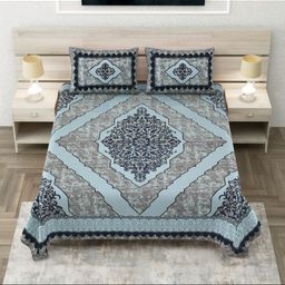 JAIPUR FABRIC Teal & Grey Ethnic Motifs 180 TC King Bedsheet with 2 Pillow Covers-image-6