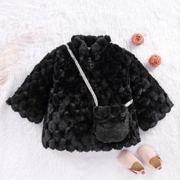 Little Kangaroos Full Sleeves Fur Jacket With Matching Purse Solid - Black-image-82