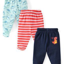 Babyhug Cotton Knit Dino Print Footed Pants Pack of 3 - Blue & Red-image-4