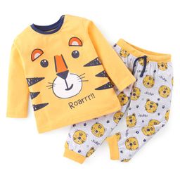 Babyhug Single Jersey Knit Full Sleeves Nightsuit Tiger Printed - Yellow-image-73