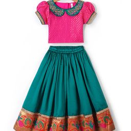 Babyhug Half Sleeves Pattu Pavada Choli with Lehenga Set withFloral Embroidery - Teal Blue-image-57