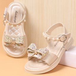 Babyoye Sandals with Buckle Closure Pearl Detailing & Bow Applique -Peach-image-3