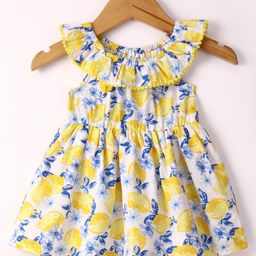 Simply Premium Cotton Woven Sleeveless Dress Floral Print & Frill Design- Yellow-image-35