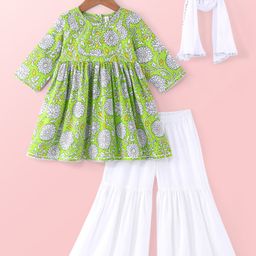 Babyhug Cotton Woven Three Fourth Sleeves Floral Print Kurti & Palazo Dupatta Set with Lace Detailing   - Green-image-32