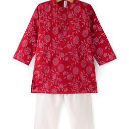 Babyhug 100% Cotton Woven Full Sleeves Kurta & Pyjama Set With Floral Print - Red & White-image-49
