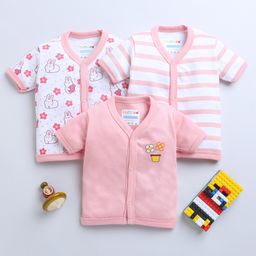 BUMZEE Pack Of 3 Half Sleeves Striped & Bunny Printed Jhablas - Peach & White-image-54