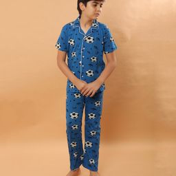 Ninos Dreams 100% Cotton Knit Half Sleeves Football Printed Night Suit - Blue-image-12