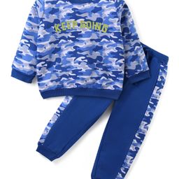 Babyhug Terry Knit Full Sleeves T- Shirt & Lounge Set with Camouflage & Text Print - Blue-image-17