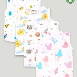 Kidbea Cotton Muslin Pack Of 4 Sleeveless Animals & Sunflowers Assorted Print Jhablas - White Blue & Yellow-picture-18