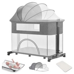 House of Quirk Bedside Baby Crib, 4 in 1 Portable Folding Baby Bassinet with Mosquito Net, Diaper Changing Station, Travel Crib with 360° Swivel Wheels, Nursery Bed for Infant (Grey)-image-43
