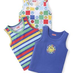 Babyhug 100% Cotton Knit Sleeveless Sando With Stripes & Smiley Print Pack of 3 - Multicolor-23