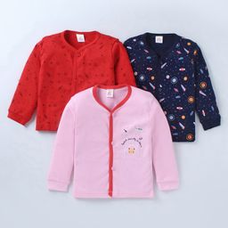 Mini Donuts Interlock Knit Full Sleeves Front Open Vests with Space Theme Print Pack of 3 - Red Pink & Navy Blue-image-37