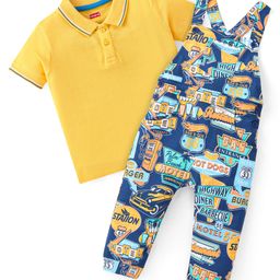 Babyhug Single Jersey Knit Half Sleeves Polo T-Shirt & Full Length Dungaree Set with Palm Beach Print  -Yellow & Navy-image-87