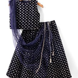 Babyhug Velvet Woven Sleeveless Floral & Mirror Embroidered Choli With Lehenga & Dupatta - Navy Blue-image-19