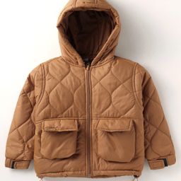 Little Kangaroos Knit Full Sleeves Hooded Padded Jacket With Quilted Design - Tan-image-95