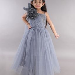 PinkChick Sleeveless Sequins Embellished Rose Applique Detailed With Attached Trail Flared Gown - Grey-image-90