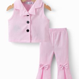 Mark & Mia Sleeveless Shirt Styled Top & Legging Set With Bow Applique - Pink-image-94