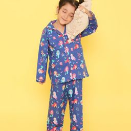 Knitting Doodles Pure Cotton Woven Full Sleeves Mermaids Printed Coordinating Shirt & Pajama Set - Blue-image-121