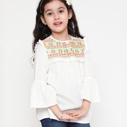 ISHTI Rayon Three Fourth Bell Sleeves Abstract Embroidered & Frill Detailed Top - White-image-29