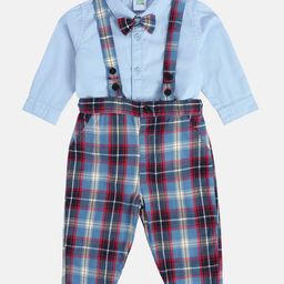 MINI KLUB Cotton Checked Dungaree With Full Sleeves Shirt & Bow Set - Blue-image-3
