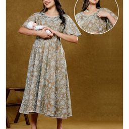 Dummy Shape Half Bell Sleeves Floral Printed Maternity Kurta With Nursing Access - Olive Green-picture-18