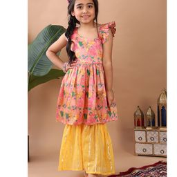 Kinder Kids Cotton Blend One Shoulder Floral Printed Kurta & Sharara Set - Pink & Yellow-picture-21