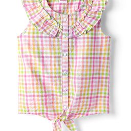 Babyhug Seer Sucker Woven Frill Sleeves Knotted Top with Checks - Multicolor-image-74