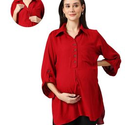 Mom for sure by Ketki Dalal Rayon Woven Three Fourth Sleeves Solid Maternity Top With Front Open Nursing Access - Maroon-image-95