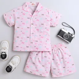 The Magic Wand Cotton Woven Half Sleeves Bow Printed Coordinating Night Suit Set - Pink-picture-8