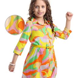 Hola Bonita Woven Half Sleeves Shirt Dress with Belt& Abstract Print - Yellow-image-72