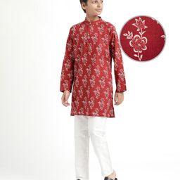Pine Kids Cotton Woven Full Sleeves Kurta Pyjama Set Floral Print - Maroon-picture-16