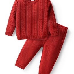 Babyhug Knitted Full Sleeves Sweater Set with Cable Net Design - Red-image-12