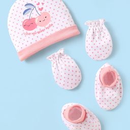 Babyhug 100% Cotton Knit Cap Mittens & Booties Set with Polka Dots & Berry Print White - Diameter 11 cm-image-54