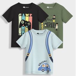 Orange Sugar 100% Cotton Knit Pack Of 3 Half Sleeves Game Mode & Real Heroes Text Printed Tees - Multi Colour-80