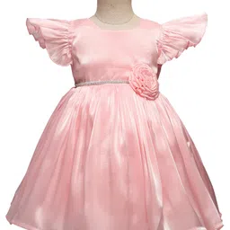 Babyhug Woven Cap Frill Sleeves Fit & Flare Party Dress with Corsage Applique - Pink-picture-37
