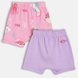 MINI KLUB Cotton Knit Pack Of 2 Sea Life Printed & Fish Patch Detailed Shorts - Pink & Purple-image-26
