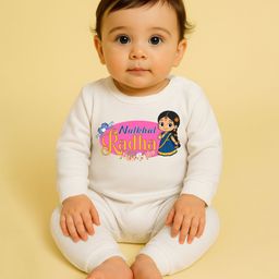 The Peppy Tend 100% Cotton Knit Janmasthami Theme Full Sleeves Natkhat Radha Text Printed Romper - White-image-40