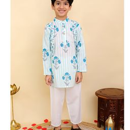 AJ Dezines Cotton Woven Full Sleeves Floral Printed & Striped Kurta Pyjama Set - Blue-image-26