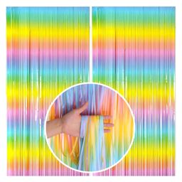 Zyozi Pastel Rainbow Foil Fringe Curtain, Birthday Party Backdrop Foil Fringe - Pack of 2-picture-33