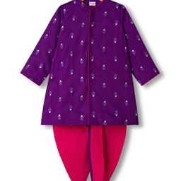 Babyhug Chanderi Woven Full Sleeves Kurta Pajama Set With Floral Embriodery - Purple-picture-16