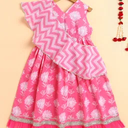 The Magic Wand Cotton Woven Sleeveless Floral Motifs Printed Gota Lace Embellished Dress With Detachable Dupatta - Pink-picture-1