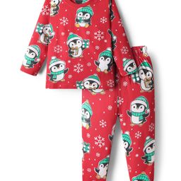 Babyhug Knit Full Sleeves Winter Wear Co-ords Night Suit With Penguin Print - Red-picture-49