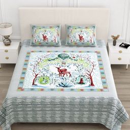 BED-SHEET.COM Blue Printed Pure Cotton 210 TC King Bedsheet Set 2.74m x 2.54m-image-96